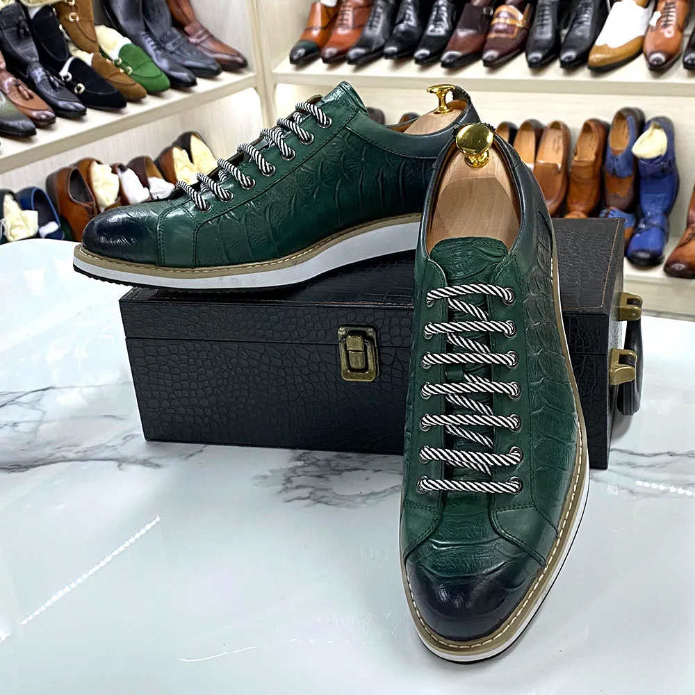 European Style Mens Casual Shoes Real Cow Leather Green Black Fashion Designer Luxury Crocodile Print Street Flat Shoes for Men