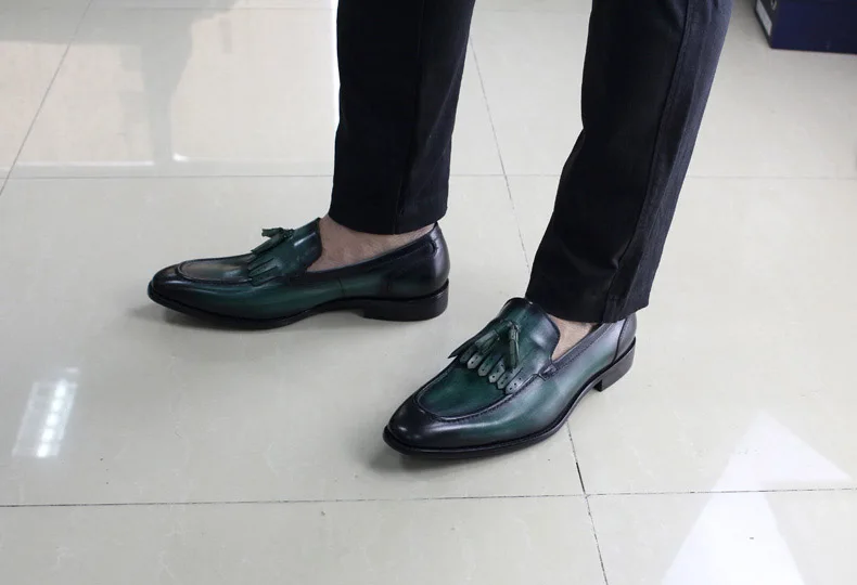 FELIX CHU Autumn Genuine Leather Handmade Black Green Mens Loafers With Tassel Man Dress Shoes Wedding Moccasin Party Footwear