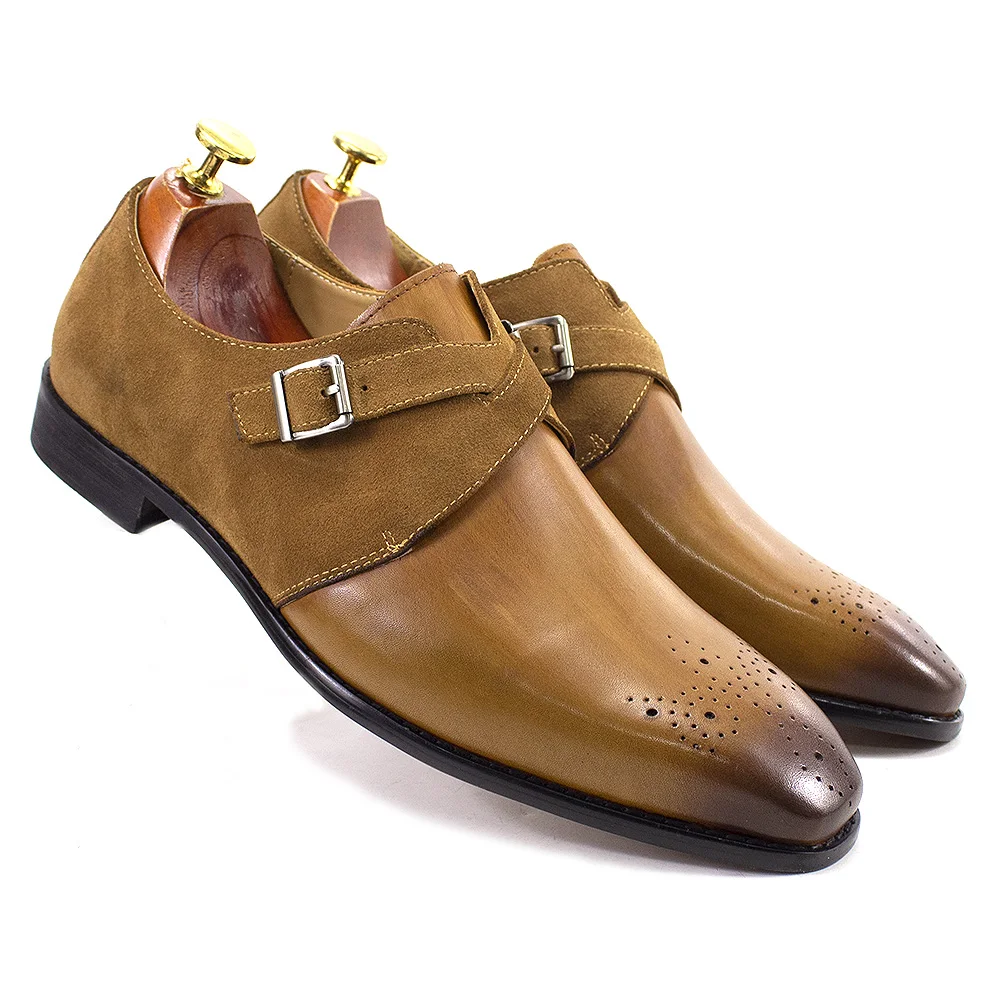 FELIX CHU Classic Brand Design Mens Monk Strap Formal Shoes Buckle Oxford Brogue Genuine Leather Suede Wedding Dress Shoes Men