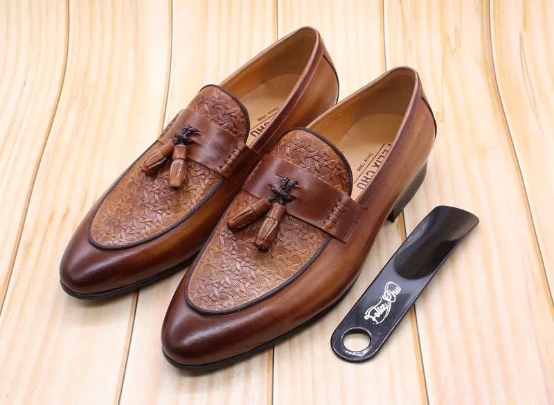 FELIX CHU Mens Tassel Loafers Genuine Leather Luxury Italian Fashion Slip on Dress Shoes Party Wedding Casual Shoes for Men