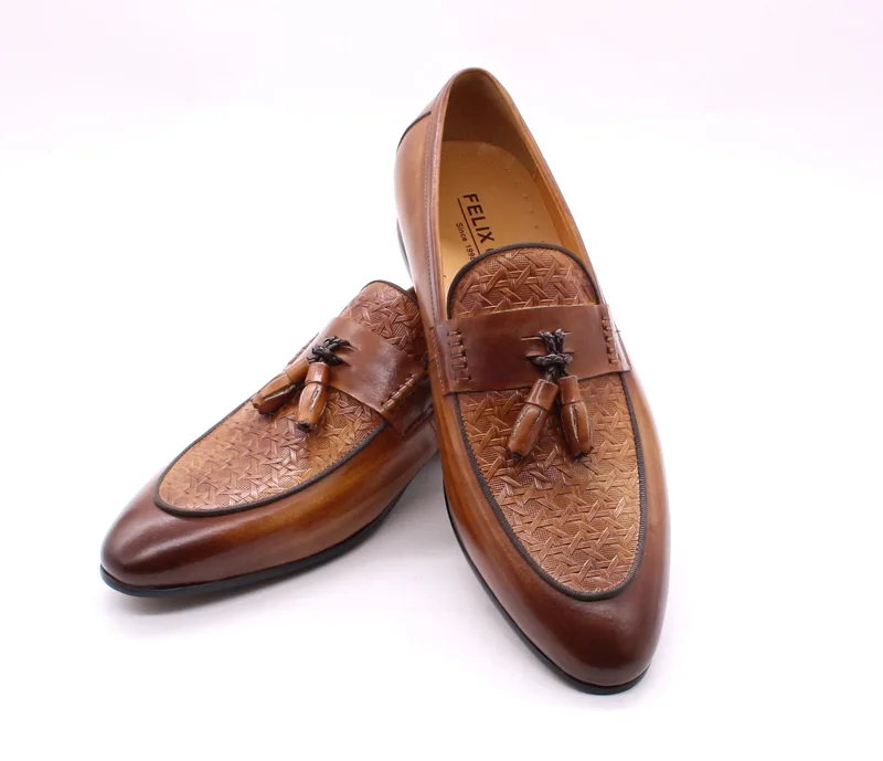 FELIX CHU Mens Tassel Loafers Genuine Leather Luxury Italian Fashion Slip on Dress Shoes Party Wedding Casual Shoes for Men