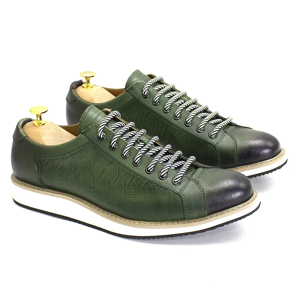 European Style Mens Casual Shoes Real Cow Leather Green Black Fashion Designer Luxury Crocodile Print Street Flat Shoes for Men