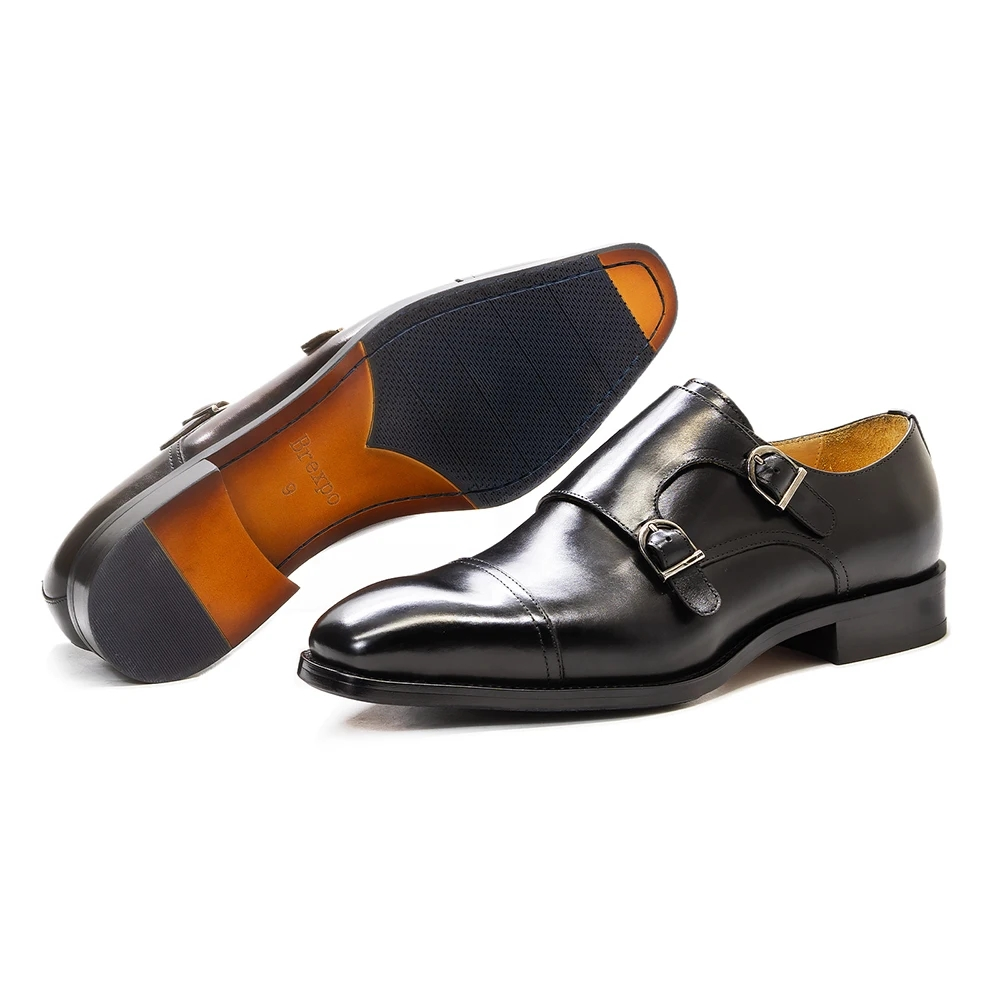 Luxury Mens Double Buckle Monk Strap Formal Shoes Genuine Leather Classic Cap Toe Business Office Wedding Dress Shoes for Men