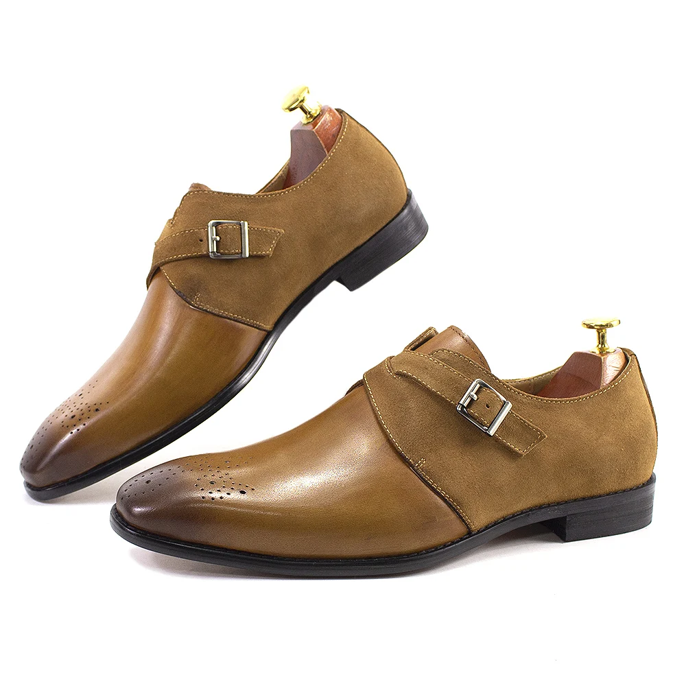 FELIX CHU Classic Brand Design Mens Monk Strap Formal Shoes Buckle Oxford Brogue Genuine Leather Suede Wedding Dress Shoes Men