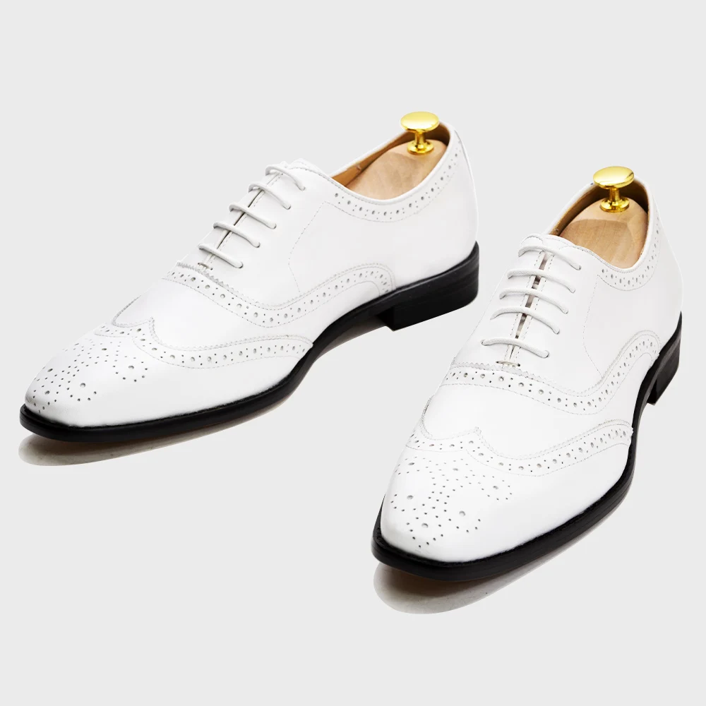 Luxury Brand Designer Mens White Wedding Dress Shoes Genuine Leather Calfskin Lace-up Oxfords Brogue Formal Italian Man Shoe