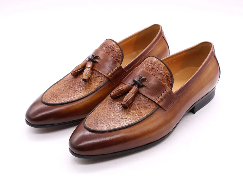 FELIX CHU Mens Tassel Loafers Genuine Leather Luxury Italian Fashion Slip on Dress Shoes Party Wedding Casual Shoes for Men