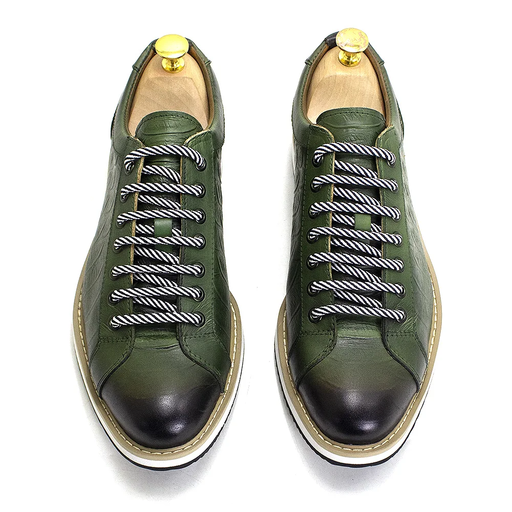 European Style Mens Casual Shoes Real Cow Leather Green Black Fashion Designer Luxury Crocodile Print Street Flat Shoes for Men