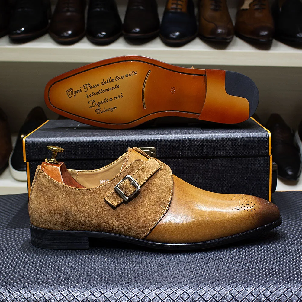 FELIX CHU Classic Brand Design Mens Monk Strap Formal Shoes Buckle Oxford Brogue Genuine Leather Suede Wedding Dress Shoes Men