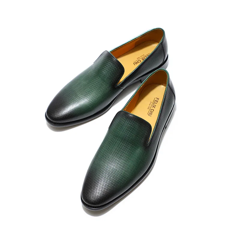 FELIX CHU Italian Mens Loafer Leather Green Casual Dress Shoes Slip-On Genuine Leather Wedding Party Formal Suit Shoe for Men