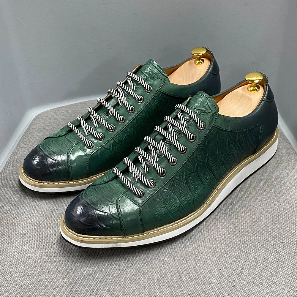 European Style Mens Casual Shoes Real Cow Leather Green Black Fashion Designer Luxury Crocodile Print Street Flat Shoes for Men