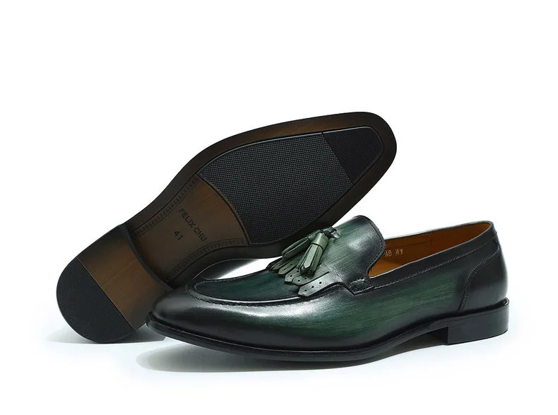 FELIX CHU Autumn Genuine Leather Handmade Black Green Mens Loafers With Tassel Man Dress Shoes Wedding Moccasin Party Footwear