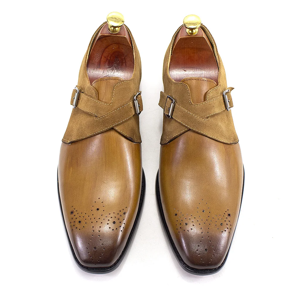 FELIX CHU Classic Brand Design Mens Monk Strap Formal Shoes Buckle Oxford Brogue Genuine Leather Suede Wedding Dress Shoes Men