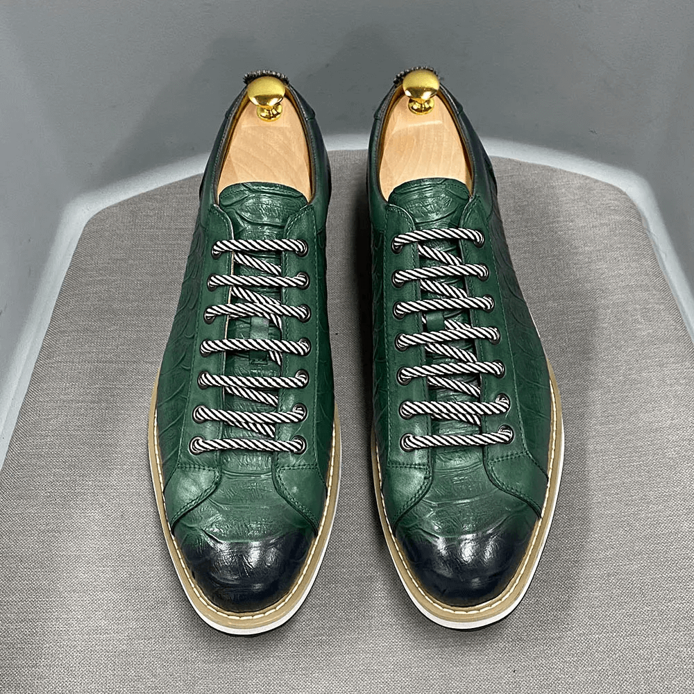 European Style Mens Casual Shoes Real Cow Leather Green Black Fashion Designer Luxury Crocodile Print Street Flat Shoes for Men