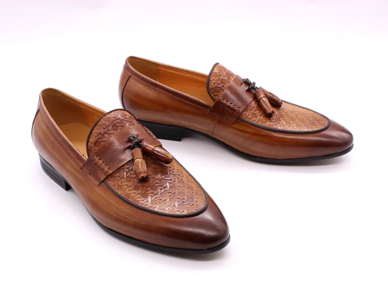 FELIX CHU Mens Tassel Loafers Genuine Leather Luxury Italian Fashion Slip on Dress Shoes Party Wedding Casual Shoes for Men
