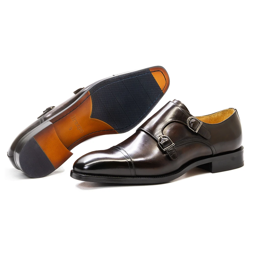 Luxury Mens Double Buckle Monk Strap Formal Shoes Genuine Leather Classic Cap Toe Business Office Wedding Dress Shoes for Men