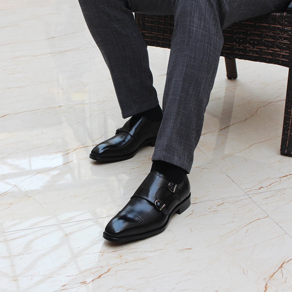 Luxury Mens Double Buckle Monk Strap Formal Shoes Genuine Leather Classic Cap Toe Business Office Wedding Dress Shoes for Men
