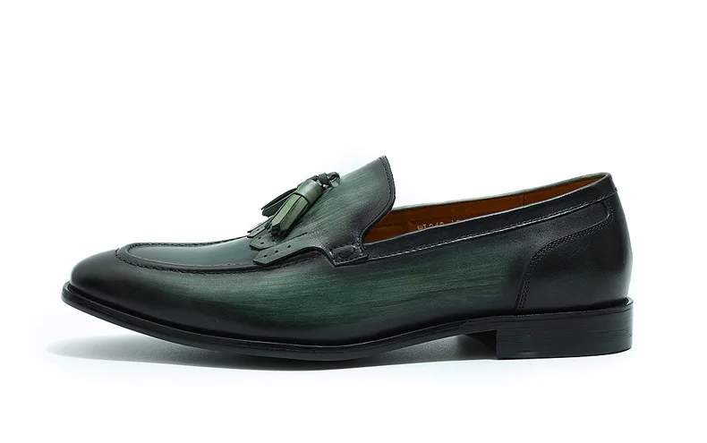 FELIX CHU Autumn Genuine Leather Handmade Black Green Mens Loafers With Tassel Man Dress Shoes Wedding Moccasin Party Footwear