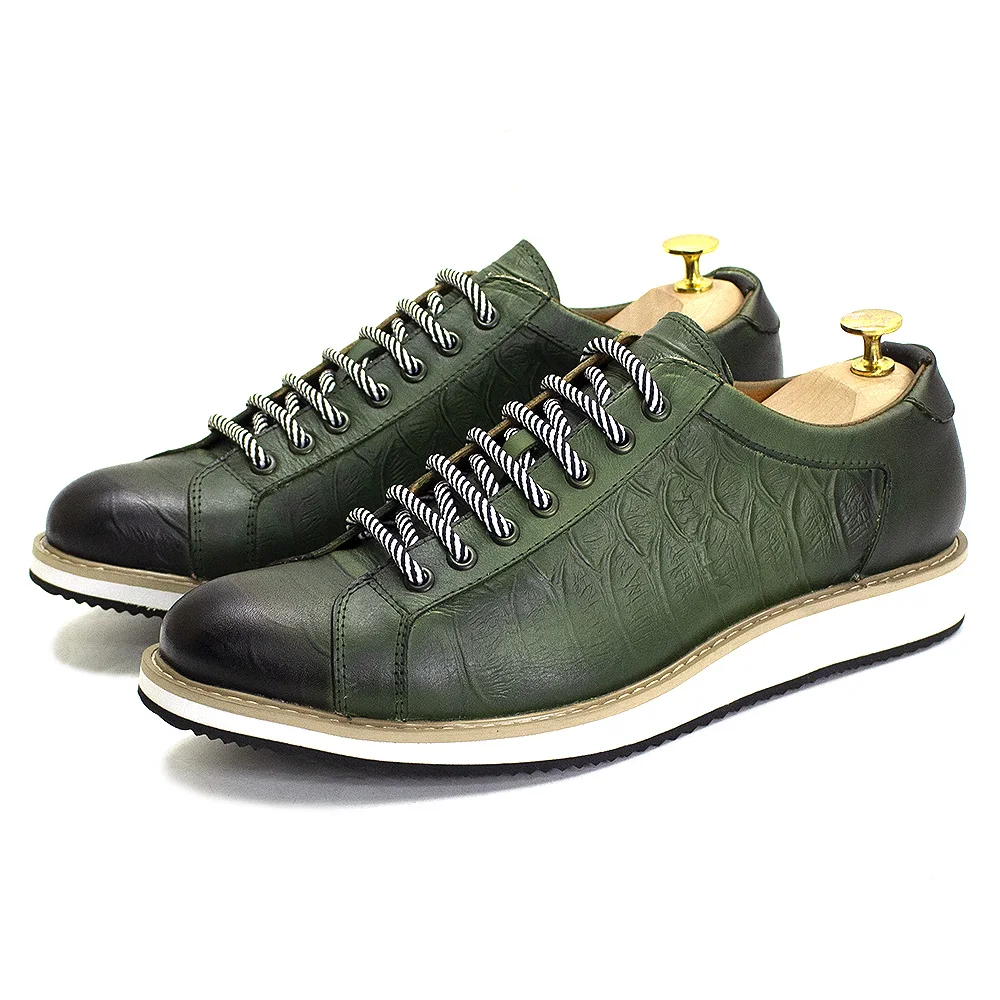 European Style Mens Casual Shoes Real Cow Leather Green Black Fashion Designer Luxury Crocodile Print Street Flat Shoes for Men