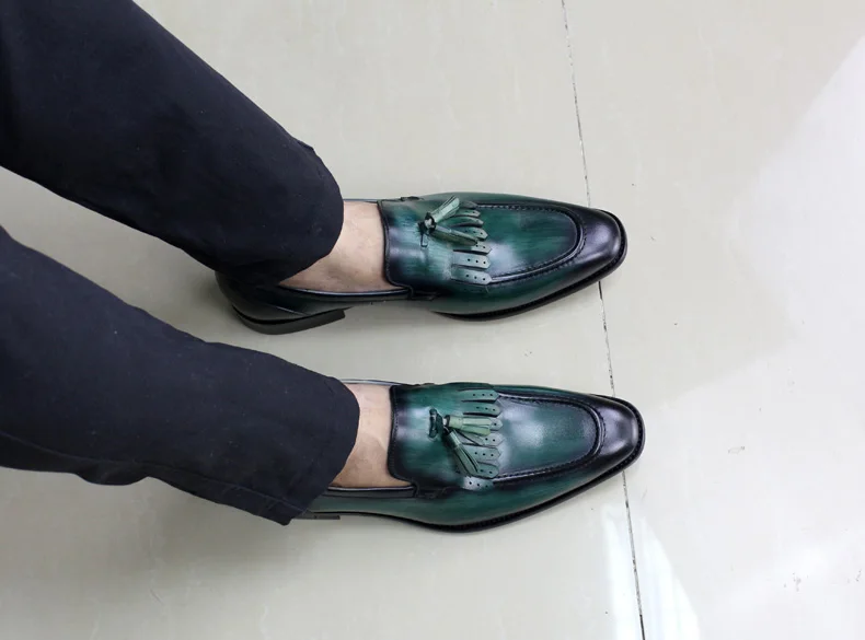 FELIX CHU Autumn Genuine Leather Handmade Black Green Mens Loafers With Tassel Man Dress Shoes Wedding Moccasin Party Footwear