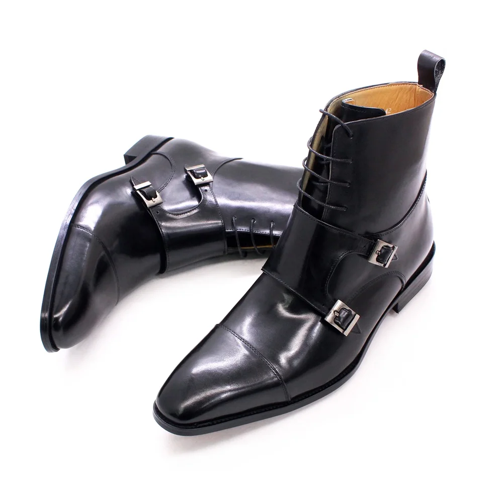 British Style Mens Winter Boots Genuine Calfskin Leather High Top Cap Toe Cowboy Boots Buckle Monk Strap Lace Up Shoes for Men