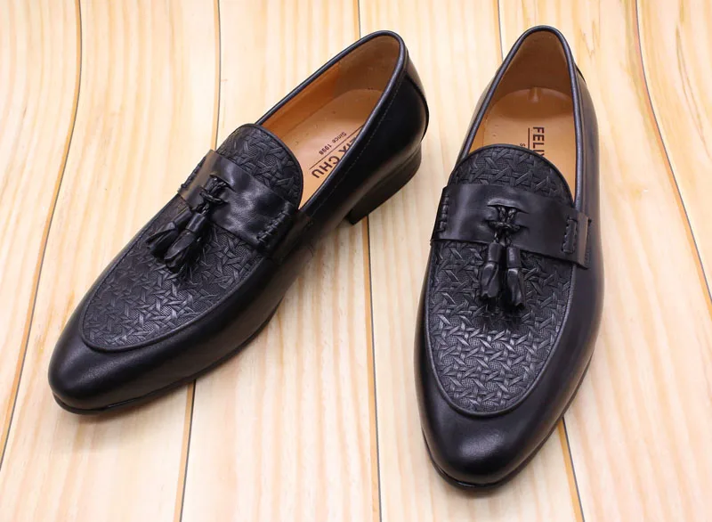 FELIX CHU Mens Tassel Loafers Genuine Leather Luxury Italian Fashion Slip on Dress Shoes Party Wedding Casual Shoes for Men