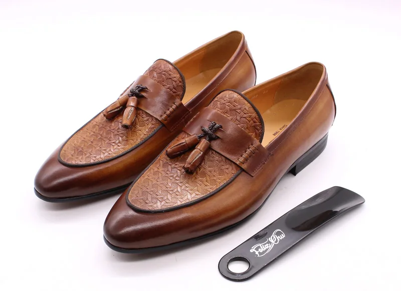 FELIX CHU Mens Tassel Loafers Genuine Leather Luxury Italian Fashion Slip on Dress Shoes Party Wedding Casual Shoes for Men