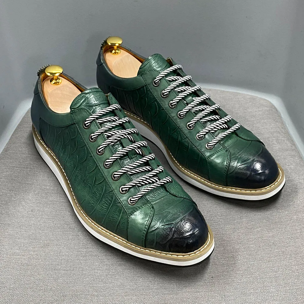 European Style Mens Casual Shoes Real Cow Leather Green Black Fashion Designer Luxury Crocodile Print Street Flat Shoes for Men