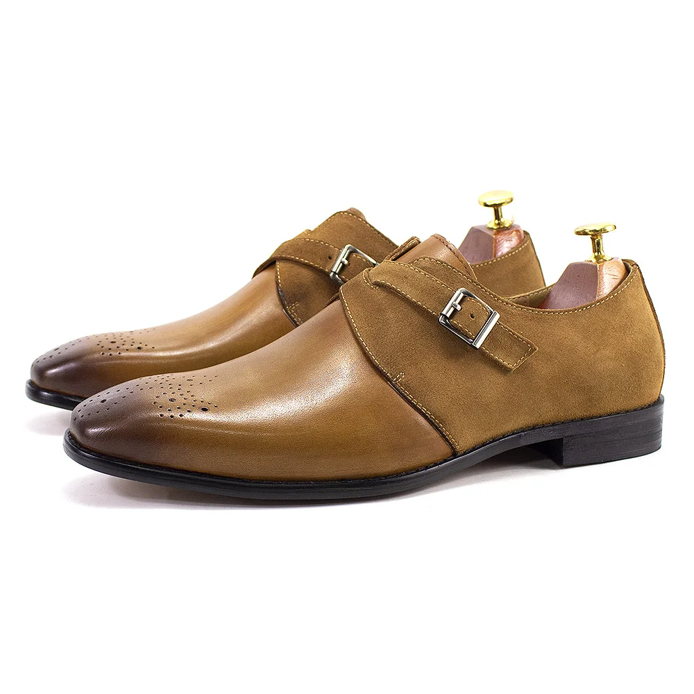 FELIX CHU Classic Brand Design Mens Monk Strap Formal Shoes Buckle Oxford Brogue Genuine Leather Suede Wedding Dress Shoes Men