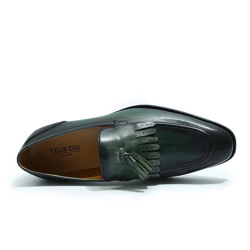 FELIX CHU Autumn Genuine Leather Handmade Black Green Mens Loafers With Tassel Man Dress Shoes Wedding Moccasin Party Footwear