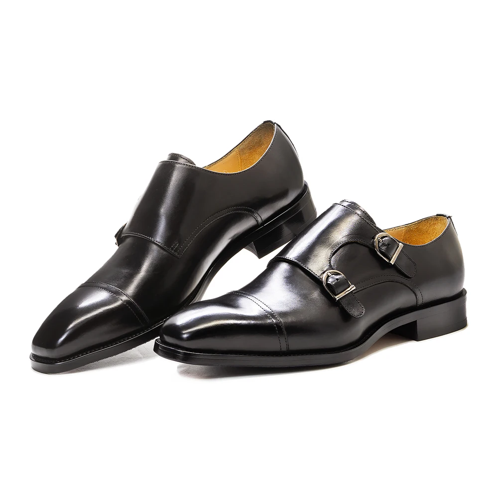 Luxury Mens Double Buckle Monk Strap Formal Shoes Genuine Leather Classic Cap Toe Business Office Wedding Dress Shoes for Men