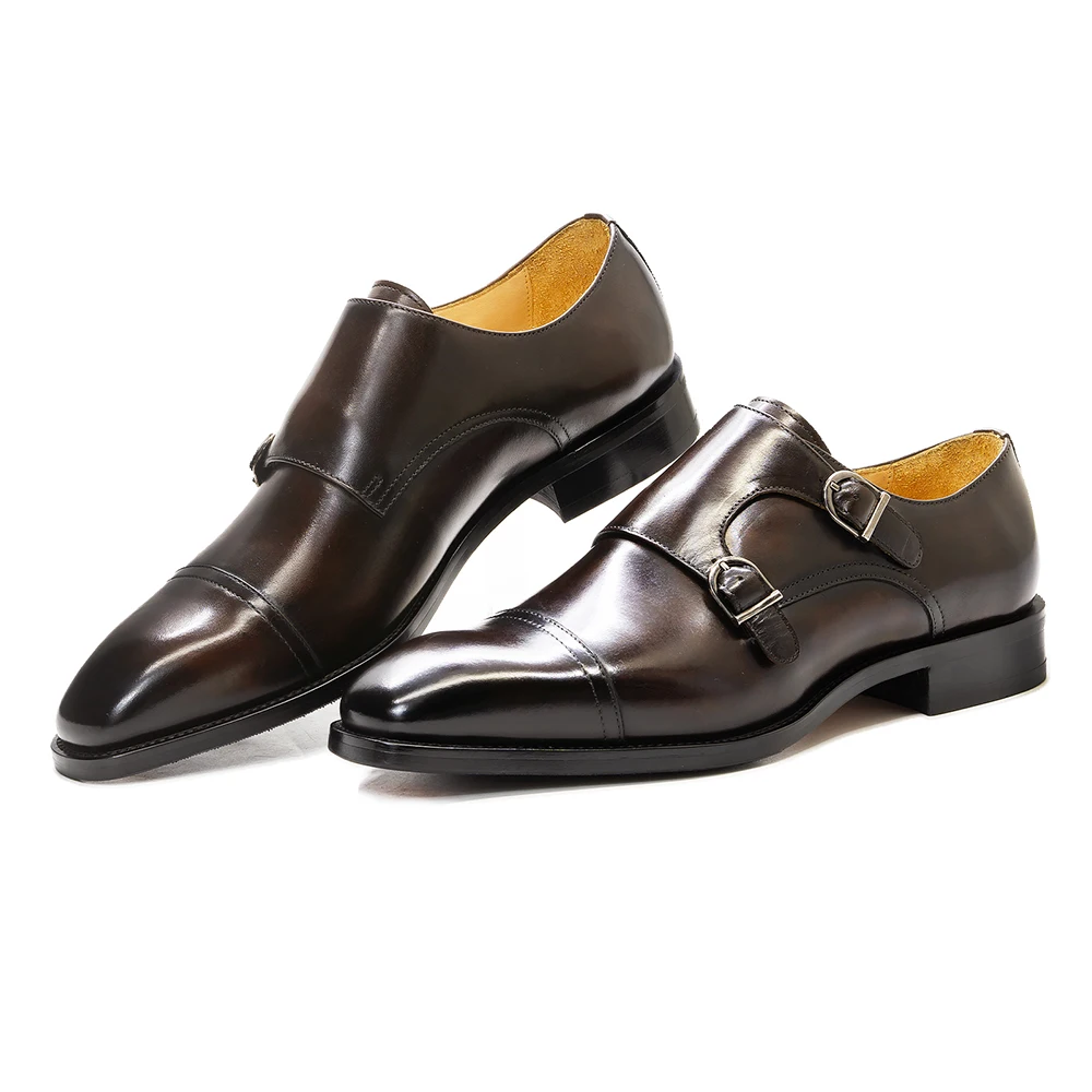 Luxury Mens Double Buckle Monk Strap Formal Shoes Genuine Leather Classic Cap Toe Business Office Wedding Dress Shoes for Men
