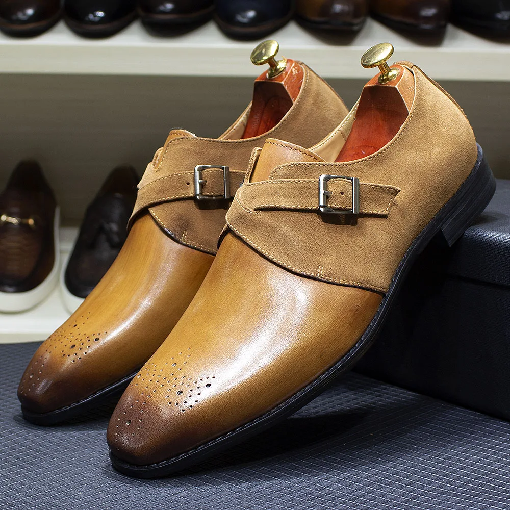FELIX CHU Classic Brand Design Mens Monk Strap Formal Shoes Buckle Oxford Brogue Genuine Leather Suede Wedding Dress Shoes Men