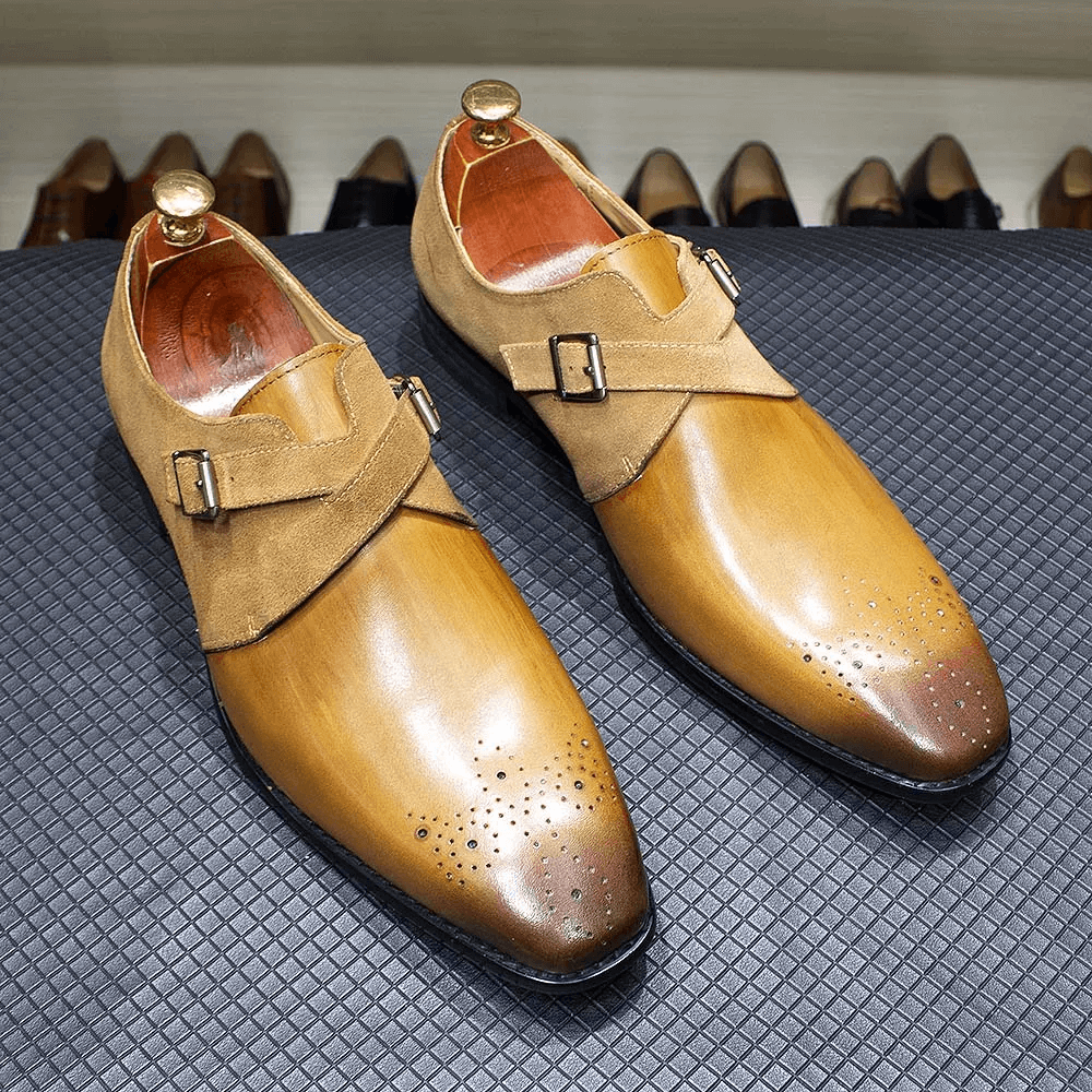 FELIX CHU Classic Brand Design Mens Monk Strap Formal Shoes Buckle Oxford Brogue Genuine Leather Suede Wedding Dress Shoes Men