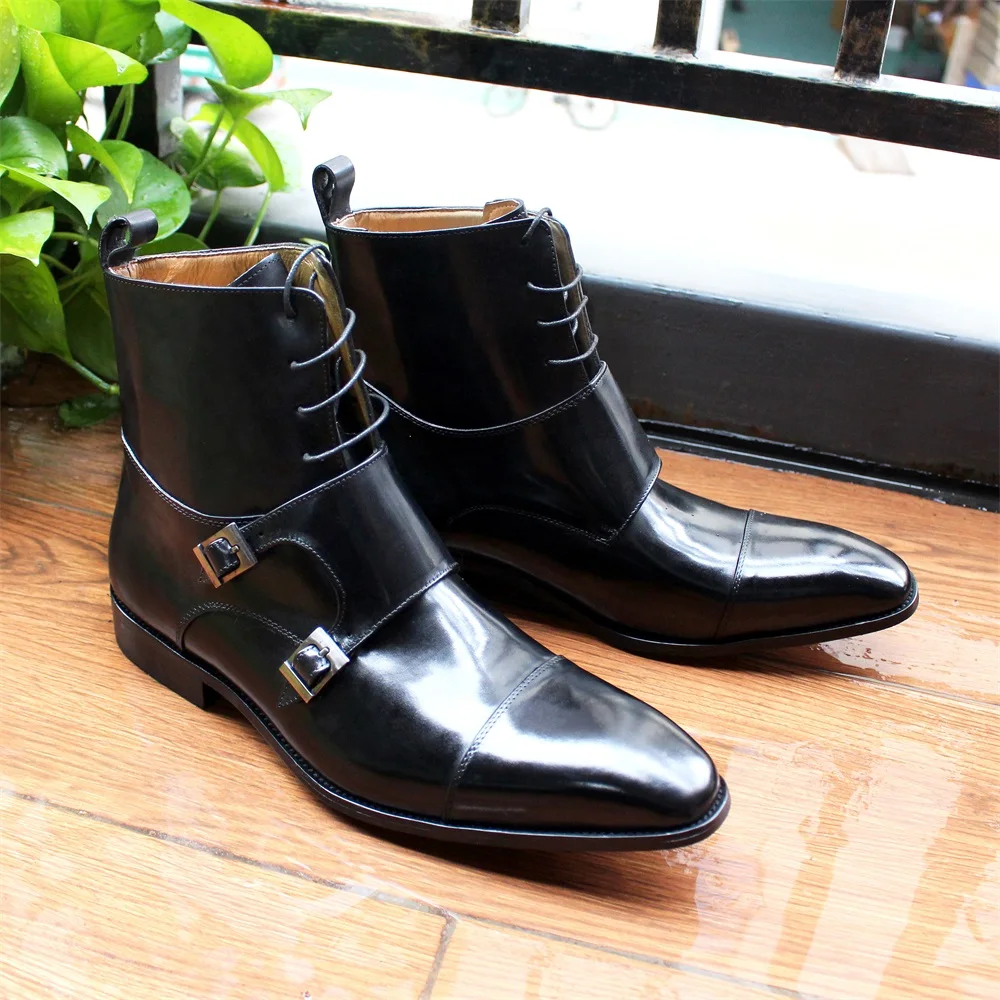 British Style Mens Winter Boots Genuine Calfskin Leather High Top Cap Toe Cowboy Boots Buckle Monk Strap Lace Up Shoes for Men