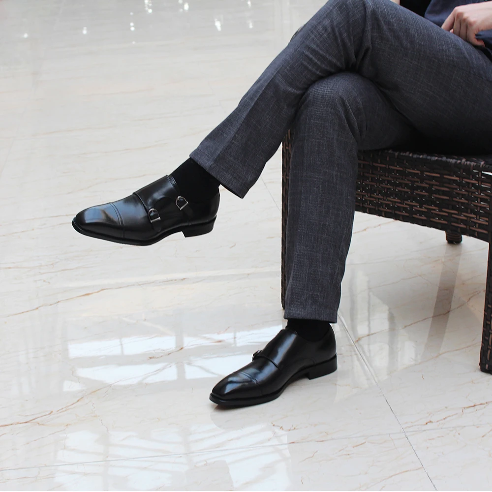 Luxury Mens Double Buckle Monk Strap Formal Shoes Genuine Leather Classic Cap Toe Business Office Wedding Dress Shoes for Men