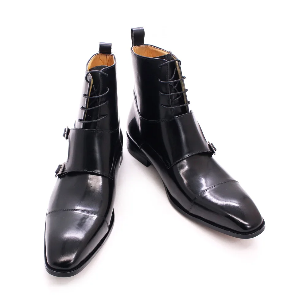 British Style Mens Winter Boots Genuine Calfskin Leather High Top Cap Toe Cowboy Boots Buckle Monk Strap Lace Up Shoes for Men