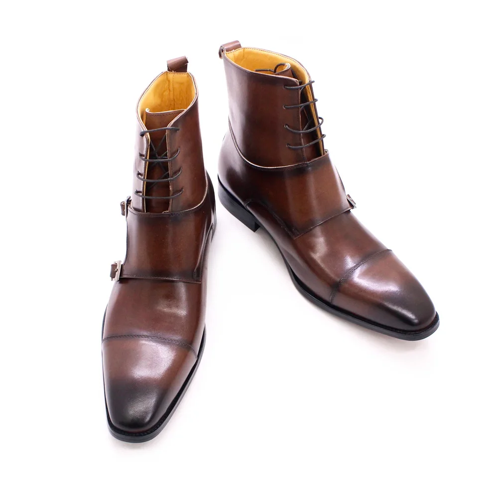 British Style Mens Winter Boots Genuine Calfskin Leather High Top Cap Toe Cowboy Boots Buckle Monk Strap Lace Up Shoes for Men