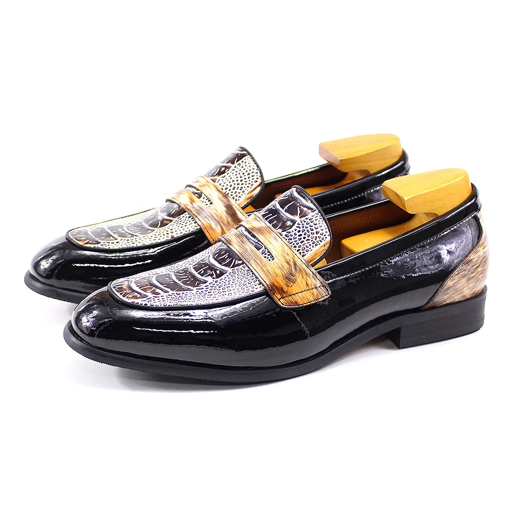 Luxury Mens Penny Loafers Smooth Patent Leather Slip-On Party Wedding Formal Dress Shoes Crocodile Pattern Casual Footwear