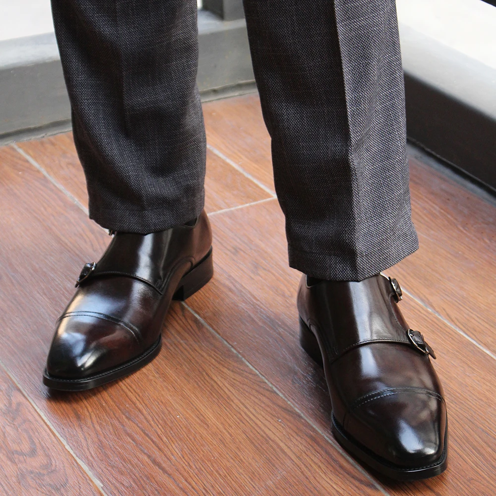 Luxury Mens Double Buckle Monk Strap Formal Shoes Genuine Leather Classic Cap Toe Business Office Wedding Dress Shoes for Men