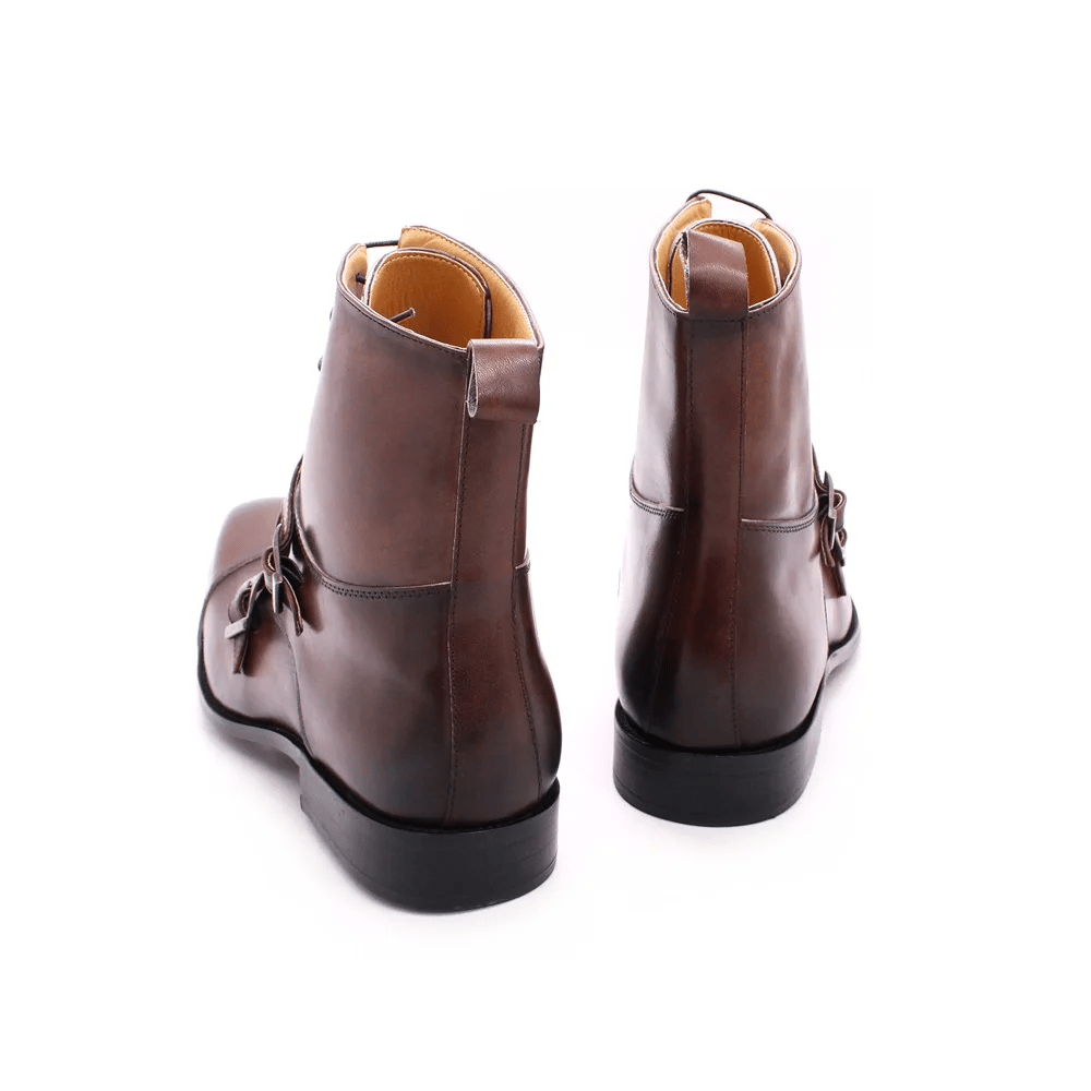 British Style Men's Winter Boots Genuine Calfskin Leather High Top Cap Toe Cowboy Boots Buckle Monk Strap Lace Up Shoes for Men