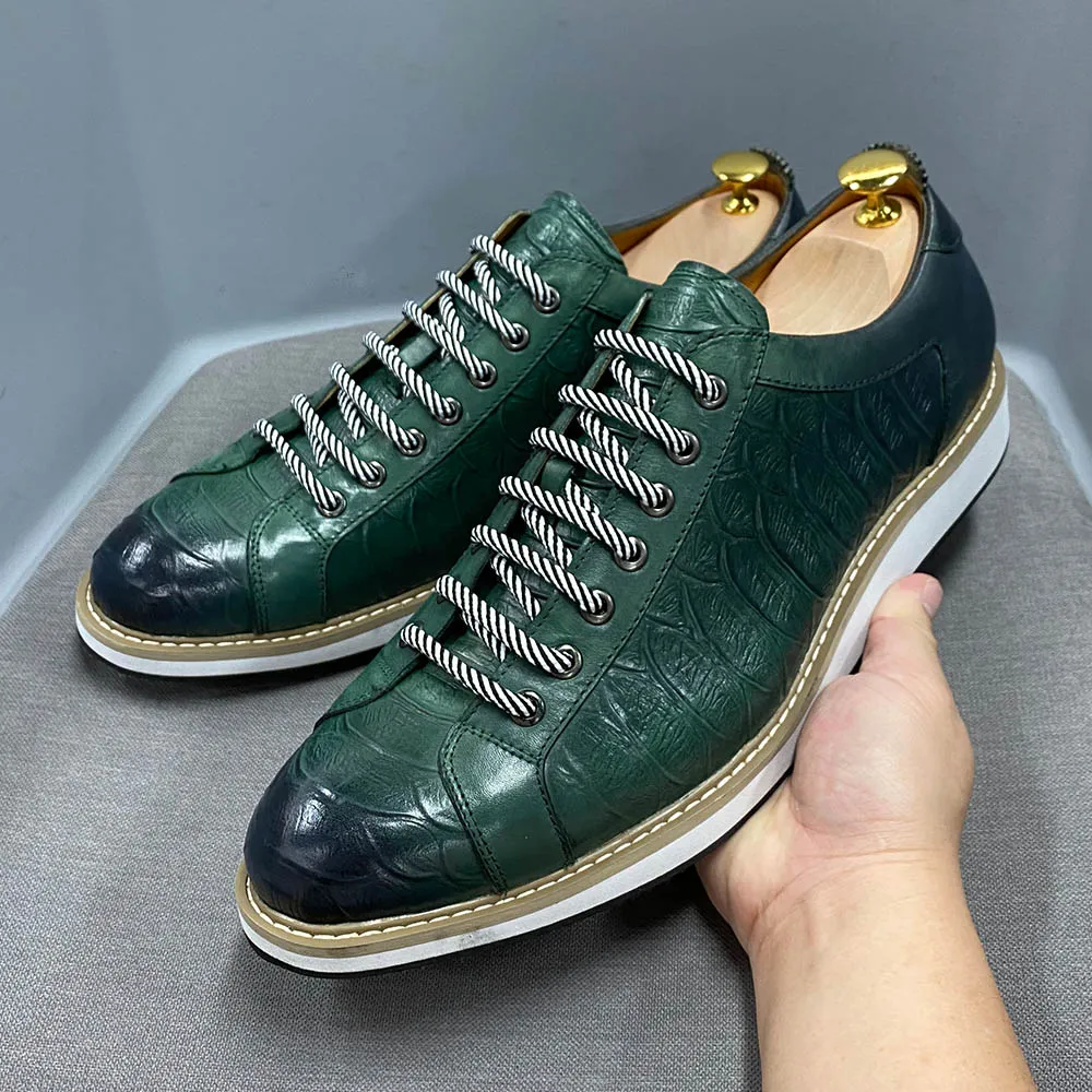 European Style Mens Casual Shoes Real Cow Leather Green Black Fashion Designer Luxury Crocodile Print Street Flat Shoes for Men