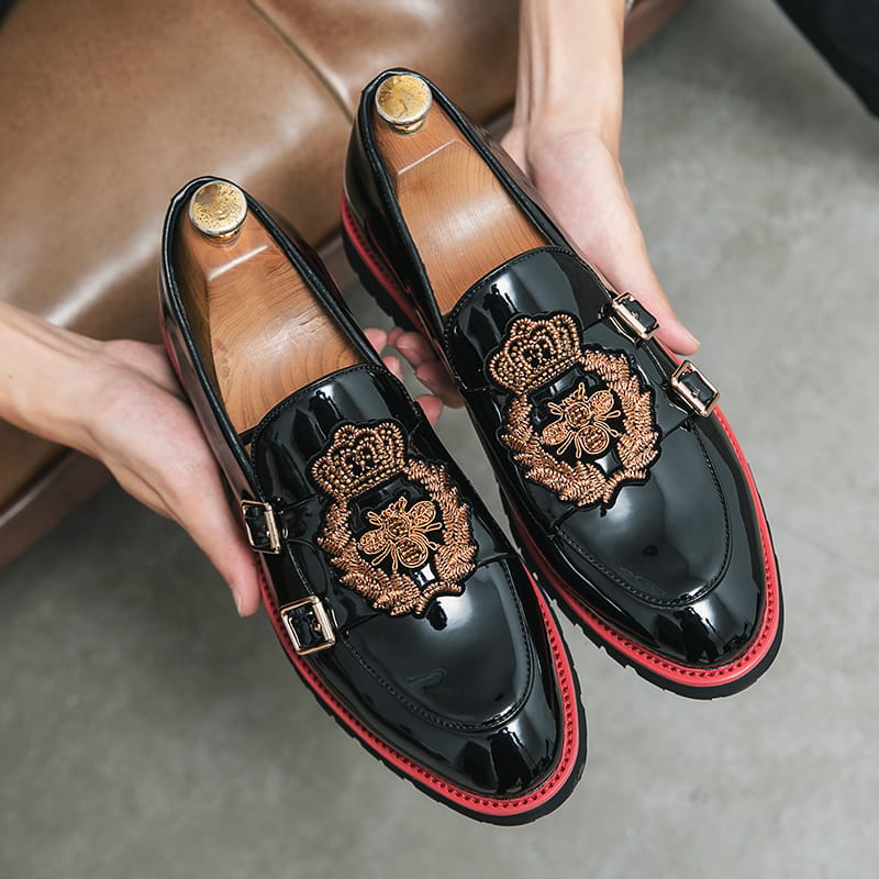 Fashion Mens Loafers Men Genuine Leather embroidery Footwear Men's Belt Buckle Casual Walking Wedding Formal Dress Shoes