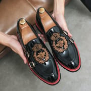 Fashion Mens Loafers Men Genuine Leather embroidery Footwear Men's Belt Buckle Casual Walking Wedding Formal Dress Shoes