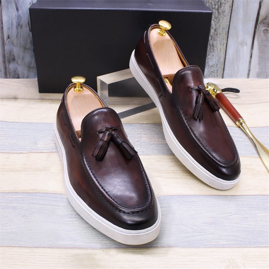 New Trendy Zapatillas Deportivas Leather Men Shoes Slow Walking Style White Low Heel Comfortable Shoes Handmade Casual Shoes