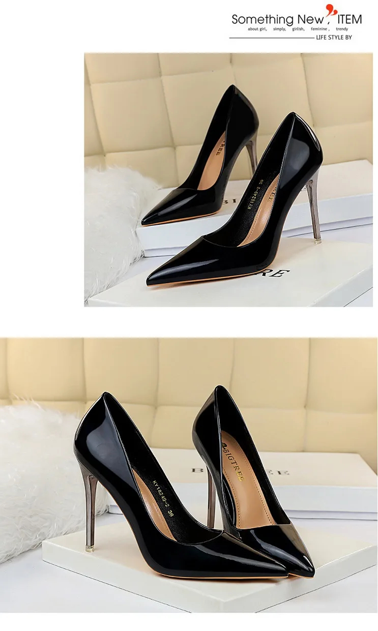 Shiny Patent Lesther Womens Pumps Sexy Lady Shoes Pointed Toe Lady Shoe Fashion Metal Stiletto Concise Party Shoes Plus Size 43