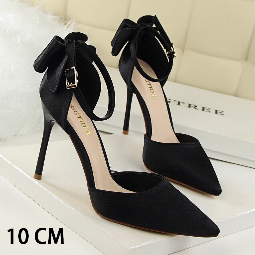BIGRESS Shoes Fashion Woman's Pumps Classic Women Shoes Satin Stiletto Pointed Toe High Heels Bow Buckle Sandals Rome Party Shoe