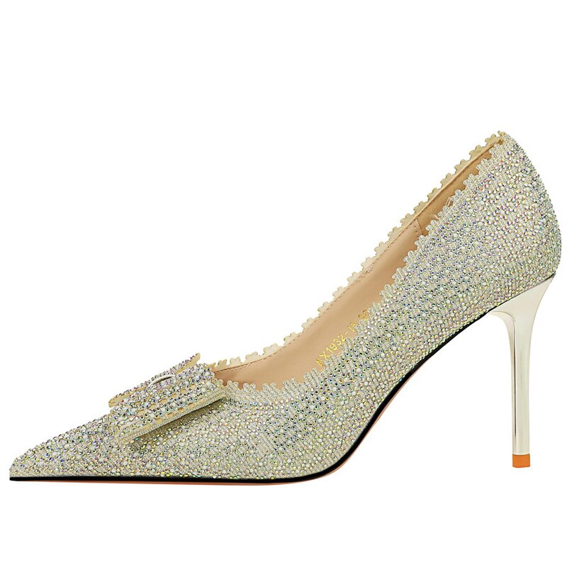 Rhinestones Shallow High Heels Bowknot Lady Shoes Luxury Women's Pumps Pointed Toe Wedding Shoes Fashion Stiletto Plus Size 43