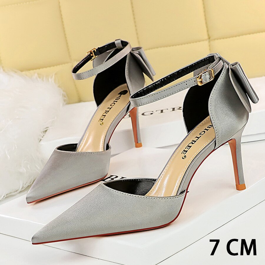 BIGRESS Shoes Fashion Woman's Pumps Classic Women Shoes Satin Stiletto Pointed Toe High Heels Bow Buckle Sandals Rome Party Shoe