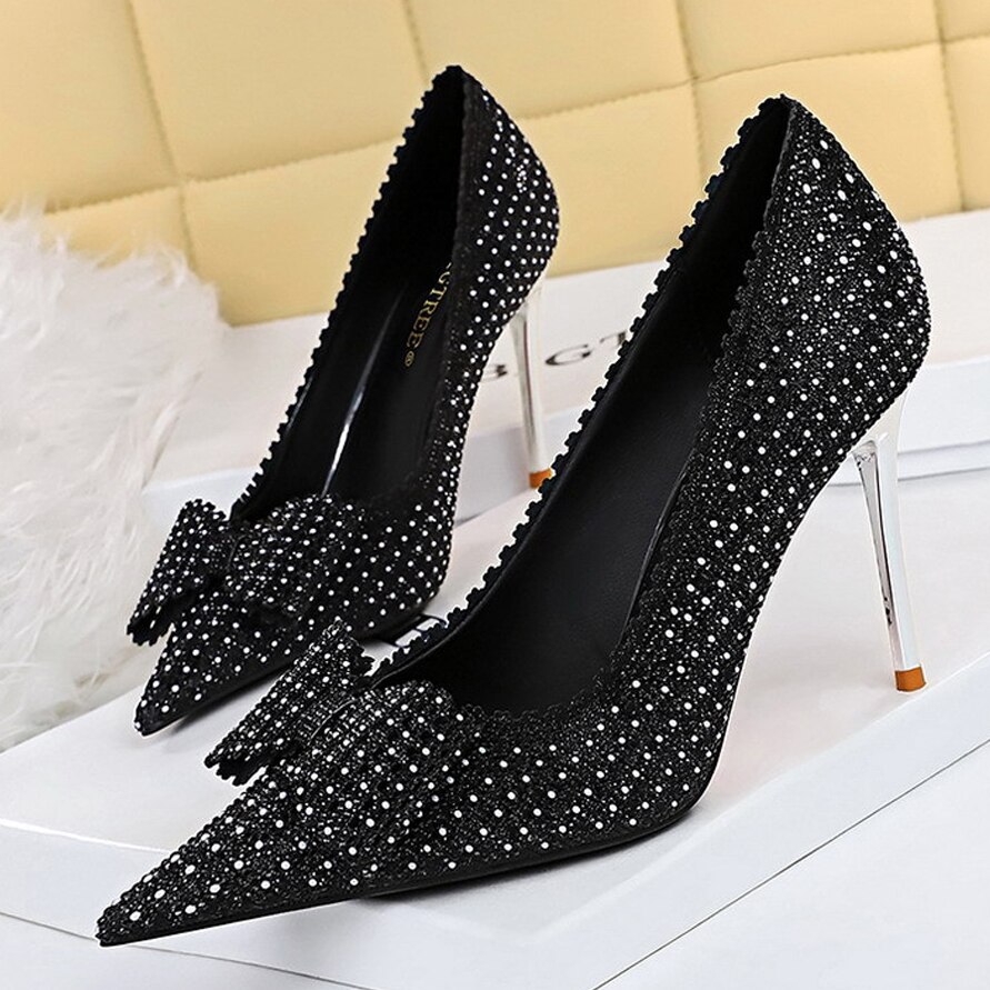 Rhinestones Shallow High Heels Bowknot Lady Shoes Luxury Women's Pumps Pointed Toe Wedding Shoes Fashion Stiletto Plus Size 43
