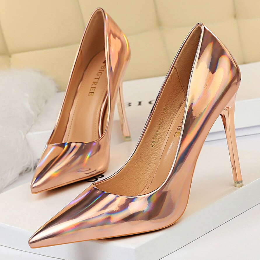 Shiny Patent Lesther Women's Pumps Sexy Lady Shoes Pointed Toe Lady Shoe Fashion Metal Stiletto Concise Party Shoes Plus Size 43